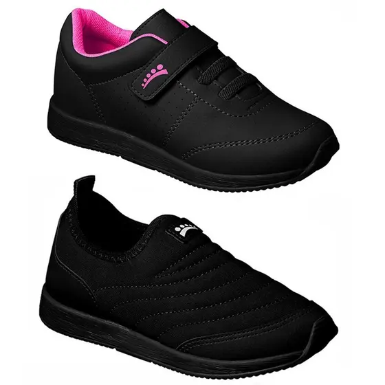 Kit 2 Tênis Infantil Ortopasso Jogging Menina Preto Escolar Feminino Básico Basico