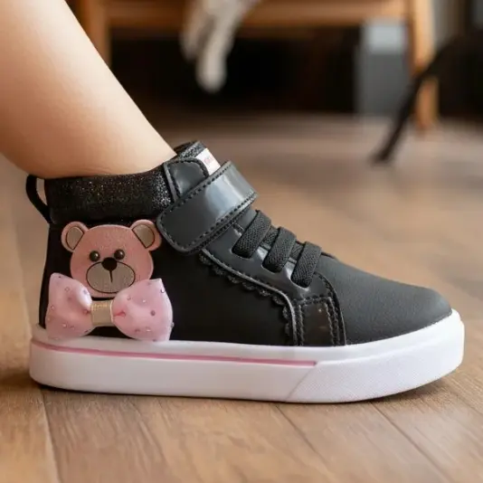 Tênis Infantil Ortopasso Happy Menina Cano Alto Sola Reta Macia Leve Confortável Urso Laçinho