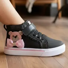 Tênis Infantil Ortopasso Happy Menina Cano Alto Sola Reta Macia Leve Confortável Urso Laçinho