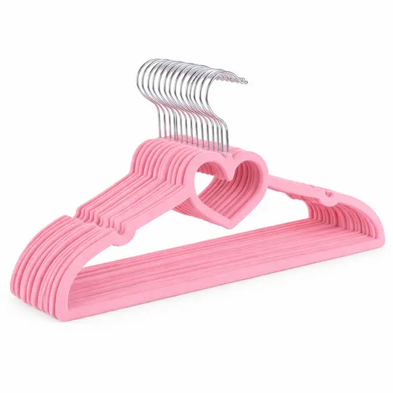 50 Cabide Infantil Slim De Veludo Rosa Coração