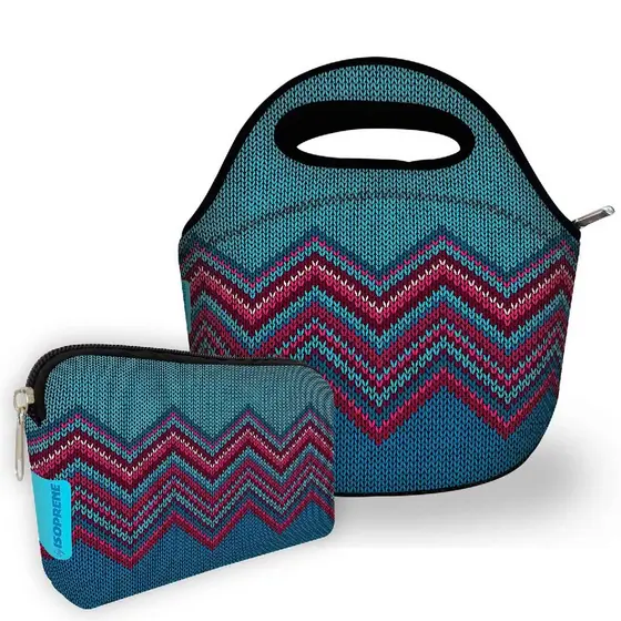 Kit Bolsa média e bolsa pequena feminina Combo Lancheira com necessaire Isoflex Zig Zag Tricô