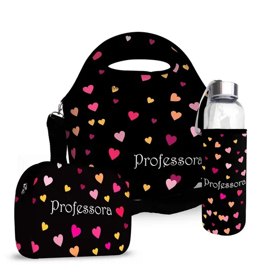 Kit Lancheira + Necessaire + Squeeze - ISOPRENE - Professora Corações
