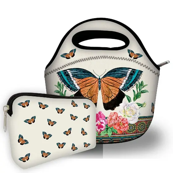 Kit Bolsa Média Bolsa pequena feminina Combo Lancheira com Necessaire Isoflex Butterflies
