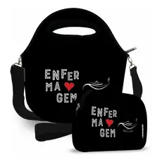 Bolsa Lancheira Térmica Feminina Alça Tiracolo Neoprene Kit Com Necessaire Frasqueira Profissões Enfermagem Preto