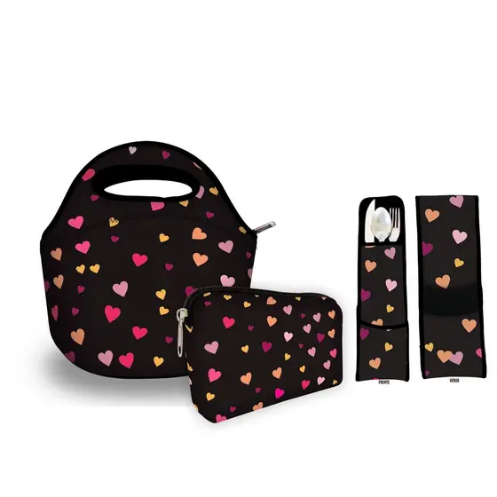 Kit Basic em Isoflex com 1 Bolsa + 1 Necessaire + 1 Porta Talher - ISOPRENE - Preto Corações