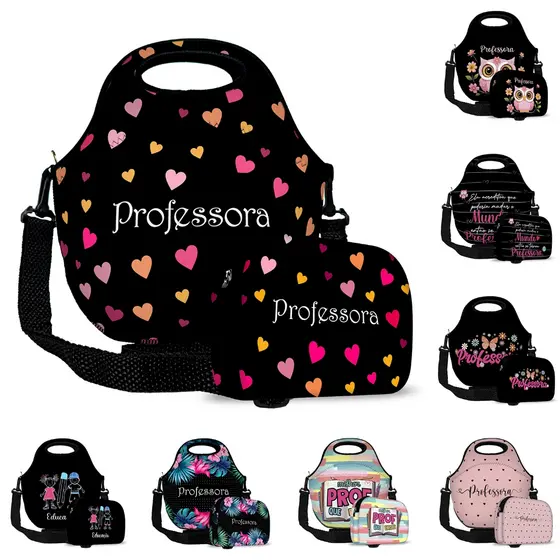 Kit Basic Neoprene Bolsinha Multiuso Lancheira Térmica com Necessaire Estojo Uso Diario Presente Mulheres Professora Mãe