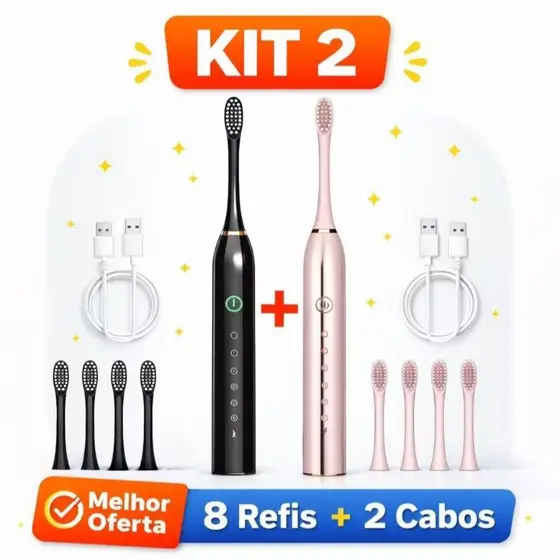 kit 2 Escova Dental Elétrica Sonic X-3 USB Carregando IPX7 Vibração Ultra-Sônica À Prova D'água Adulta 6 Modos