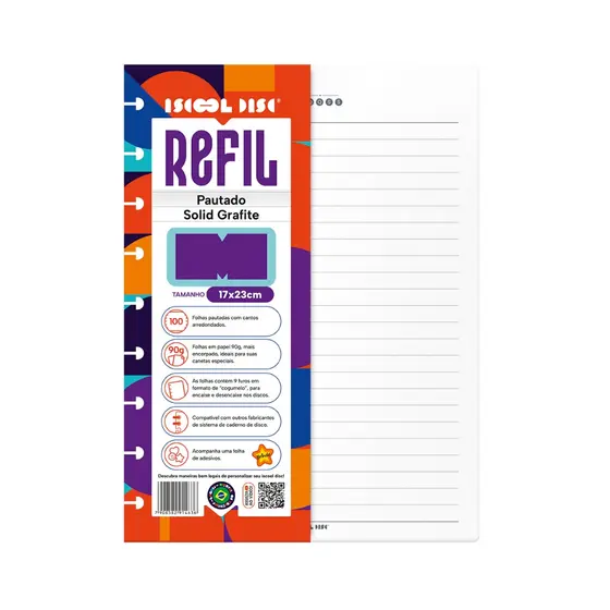 Refil Caderno De Disco Iscool Inteligente Pautado SOLID Cores 100 Folhas 90g Médio