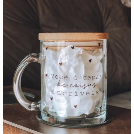 Caneca Cristal Transparente Personalizada Com Tampa de Bambu 325ml