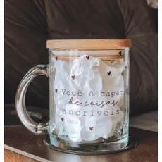 Caneca Cristal Transparente Personalizada Com Tampa de Bambu 325ml