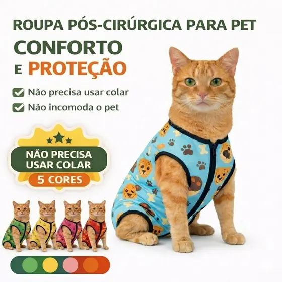 Roupa Pós-Cirúrgica Unissex  Castração Pet Gato | Substitui Colar Elizabetano | Confortável, Proteção Total | 5 Cores