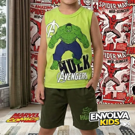 Conjunto Regata Malha 100% Algodão Infantil de Menino Aranha e Hulk e Dinossauro