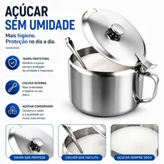 Açucareiro Inox Com Tampa e Colher 240ml Pequeno Para Açucar Condimento Cantinho do Café Restaurante Cozinha