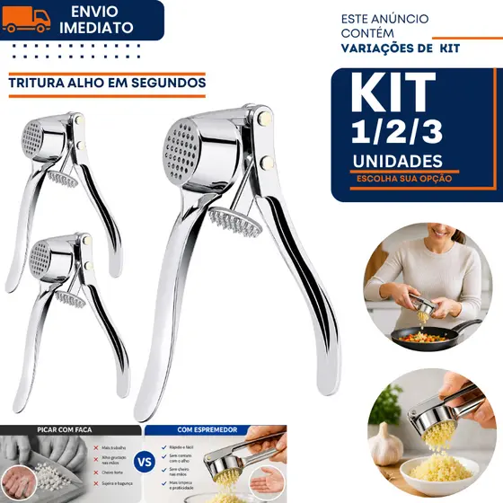 Espremedor de Alho Inox Profissional 1/2 ou 3 Triturador Manual Prensa Alho e Gengibre Resistente Fácil Limpeza