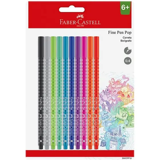 Caneta Ponta Fina, Fine Pen PoP, Faber-Castell,SM/FPP10, cartela com 10 unidades