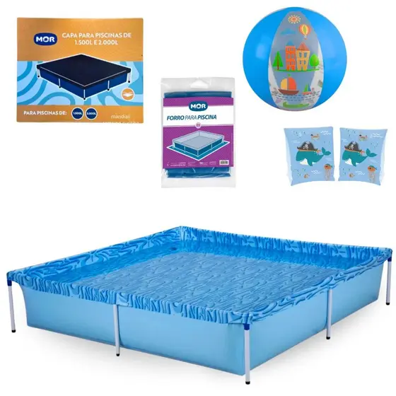 Kit Piscina 1500 Litros Infantil + Capa e Forro + Bola+ Boia de Braço Infantil Natação Praia Piscina