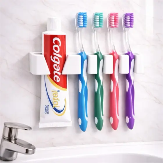 Porta Escova de Dente e Pasta Sem Furo Suporte de Parede Autoadesivo Banheiro