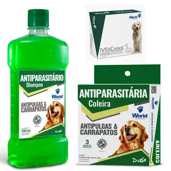 Kit Coleira Anti pulga e Carrapato, Shampoo e Ivercanis 3 mg com 4 comprimidos