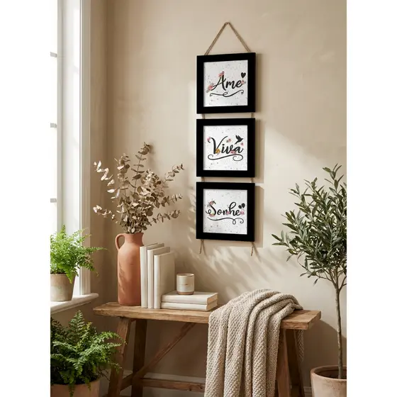 Trio Quadros Decorativos Cordinha Sisal Frase Religiosa Motivacional Floral Decoração Barata