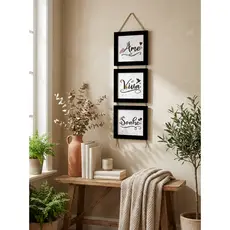 Trio Quadros Decorativos Cordinha Sisal Frase Religiosa Motivacional Floral Decoração Barata