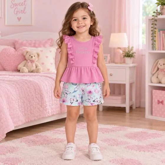 Conjunto Infantil Feminino Alenice Blusa com Babados e Short Estampado – Tam. 3