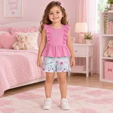 Conjunto Infantil Feminino Alenice Blusa com Babados e Short Estampado – Tam. 3