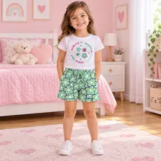 Conjunto Infantil Feminino Alenice Camiseta Flores e Short Floral Verde – Tamanho 4