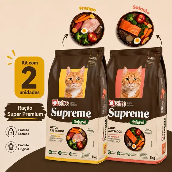Kit com 2 Ração para Gatos Quatree Supreme Ração Gatos Castrados 1kg  Controle de Pelo Nova Formula