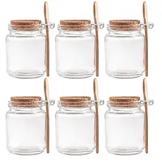 Kit 6 Pote Vidro Colher Bambu Tampa Rolha Saleiro Tempero