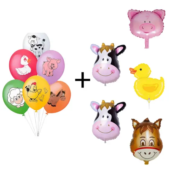 25 Balão Bexiga Fazendinha + 5 Balões Metalizado Animais Decoração Festa Aniversário