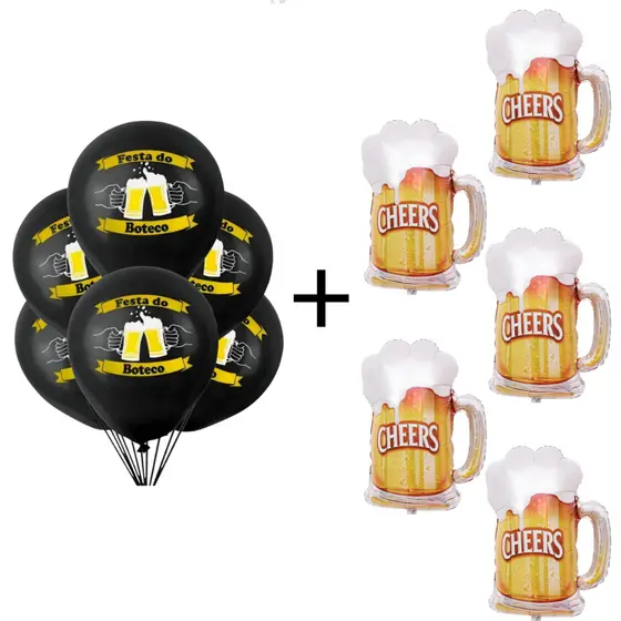 25 Balões Bexiga Boteco + 5 Balões Metalizados Caneca Chopp Decoração Aniversário Festa Aniversário