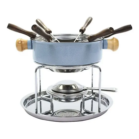 Conjunto Aparelho Para Fondue Panela De Aço Inox Colorido 1 Litro Kit Servir Chocolate Queijo Com Garfo Bandeja