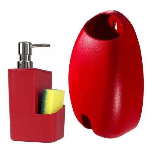 Kit Cozinha 2 Peças Dispenser Porta Detergente 650ml Com Porta Esponja E Puxa Saco Para 30 Sacolas Porta Sacola Vermelho