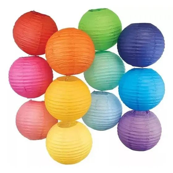Kit 10 Luminária Balão Oriental Coloridas Lanterna Redonda 15cm/20cm/25cm/30cm/35cm/40cm Em Papel