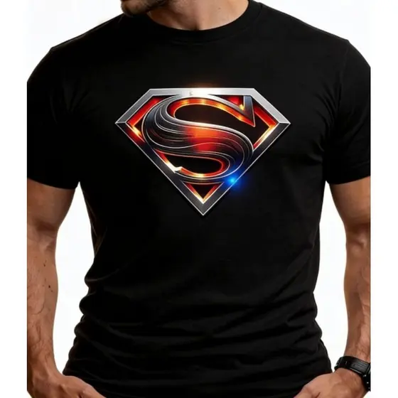 Superman Camiseta Masculina Casual T-Shirt Plus  Preta Símbolo Super Hero Preto Streetwear