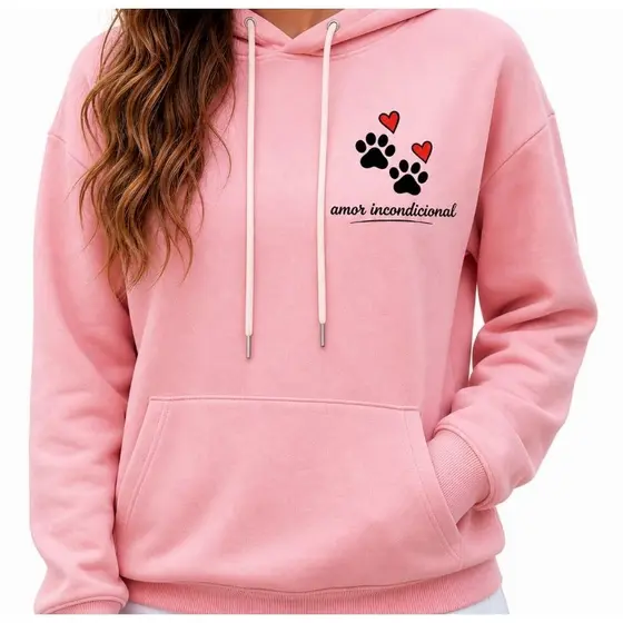 Moletom Feminino Canguru Rosa  Blusa Casual Arte Estampa Pet Patas Moda