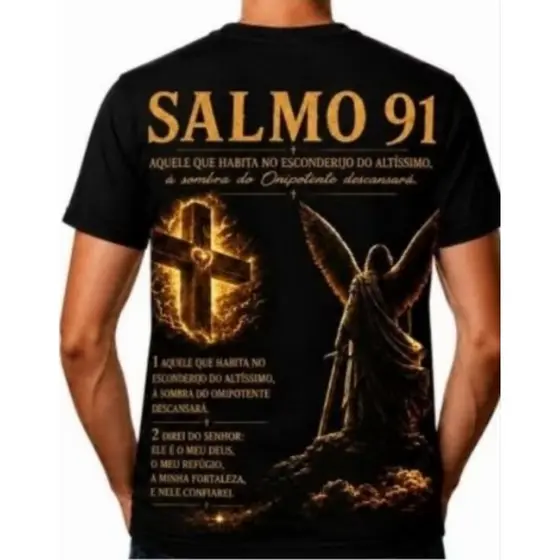 Camiseta Masculina  Salmo 91 Aqule Que Habita No Esconderijo Do Altissimo Fé Cor Preta Evangélica