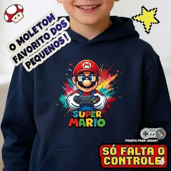 Moletom Blusa Casaco Infantil Super Mario Gamer Estampa Colorida Premium |Confortável, Quentinho e Estiloso