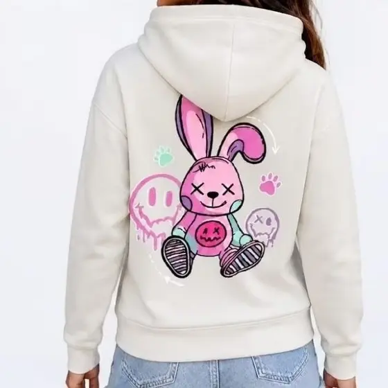 Blusa Moletom Feminina Coelho Rosa Estampa Grande Costas Anime Canguru