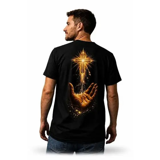Camiseta Masculina Casual T-Shirt Evangelica  Cristã Gospel Estampa Cruz Dourada Costas Fé Algodaõ