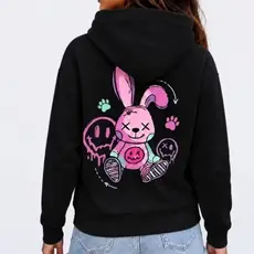 Blusa Feminina Roupa Feminina Kawaii Bunny  Aesthetic Streetwear Preto Estampa Rosa Costas