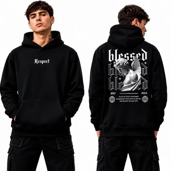 Blusa de Moletom Masculino Respect Blessed Angel Canguru Streetwear Lançamento Envio Imediato