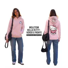 Blusa Feminina Roupa Feminina Hello Kitty Flanelado Rosa Casaco com Capuz Estampa Frontal e Costas