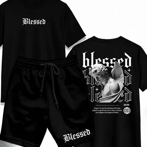 Kit Camiseta Oversized + Short Masculino Blessed Conjunto Streetwear Casual Premium Moda Urbana