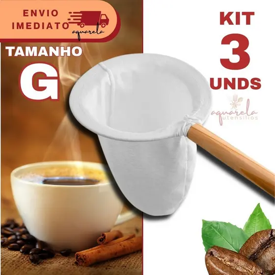 Kit 3 Coador de Café de Pano Grande Flanelado com Cabo de Madeira Reutilizável e Sustentável