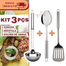 Kit 3 Peças Utilidades INOX para Cozinha Espatula Colher de Arroz e Concha Comida Cozinha Feijão
