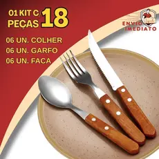 Faqueiro 18 Peças Jogo de Talher 6 Colher 6 Garfo 6 Faca de Inox com Cabo de Madeira Faqueiro Conjunto