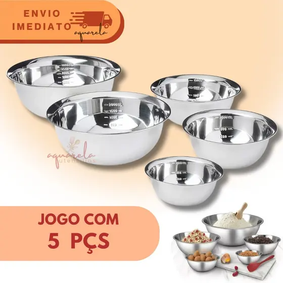 Tigela Bowl Saladeira Inox Kit Com 5 Peças Vasilha Bacia Para Massas Bolos Molhos Grande Media Pequena Tijela