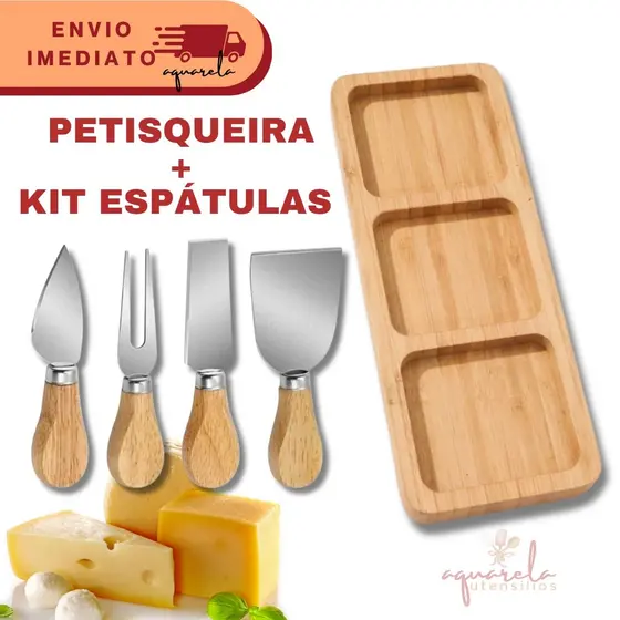 Conjunto Tabua Com 4 Espátulas Para Queijos Frios Salame Petiscos Petisqueira Faca Garfo Picador Espatula