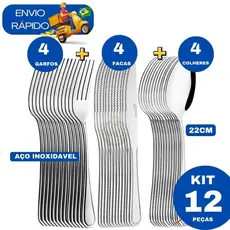 Kit 12 Peças Jogo de Talher Mesa Inox Cozinha 4 Colher 4 Garfo 4 Faca Faqueiro Conjunto Restaurante Lanchonete Padaria